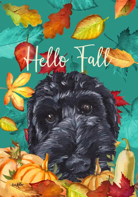 Labradoodle Black - Hippie Hound Studios Fall Leaves  House and Garden Flags Best of Breed