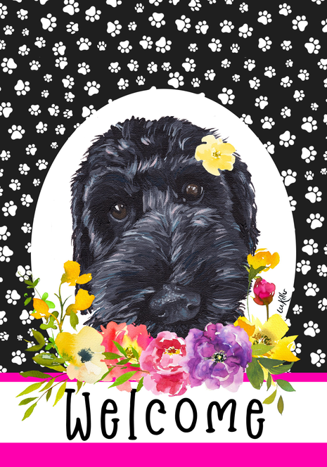 Labradoodle Black - Hippie Hound Studios Paw Prints  House and Garden Flags Best of Breed