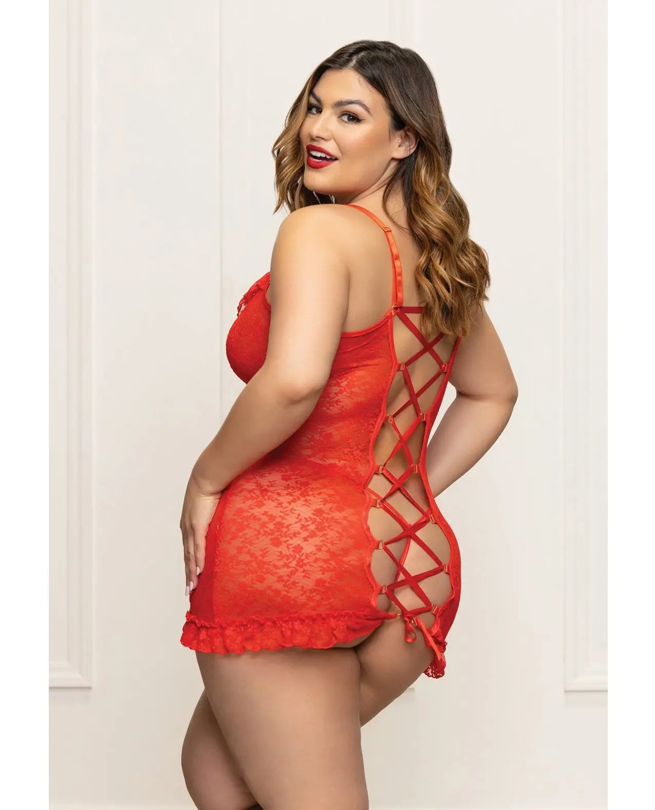Lace Chemise w/Ruffle Trim & G-String - Red QN - GreatEagleInc