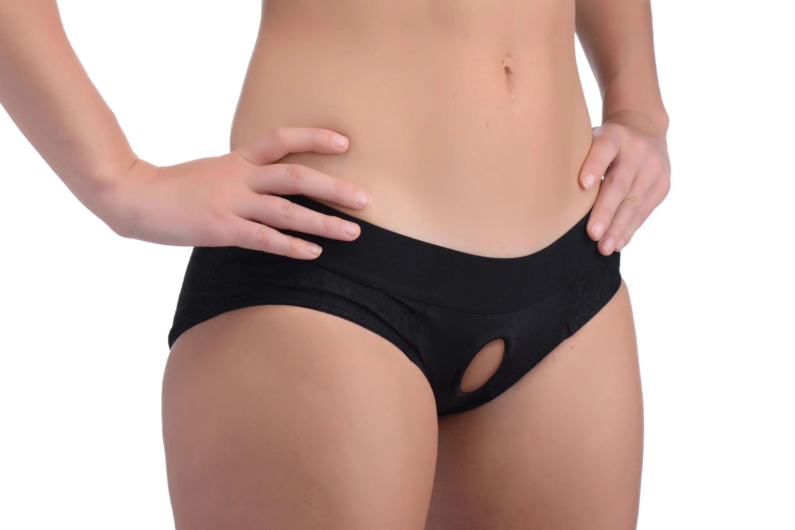 Lace Envy Black Crotchless Panty Harness XR Brands Strap U