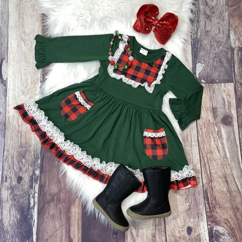 Lace Trim Pocket Dress with Buffalo Plaid Accents Stella Bean Clothing