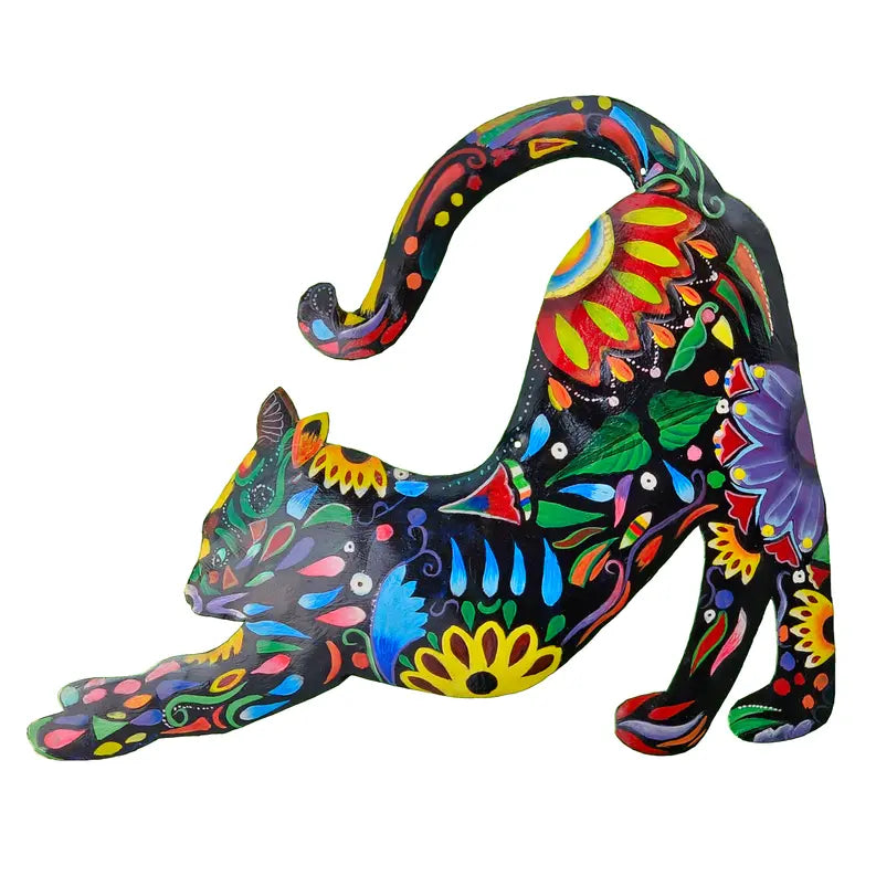 Large Painted Floral Stretching Cat Le Primitif Galleries