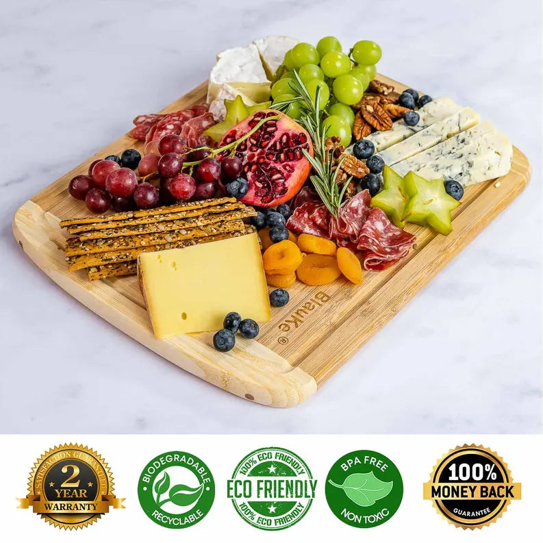 Large Wood Cutting Board for Kitchen 14x11 inch - Bamboo Chopping Board with Juice Groove - Wooden Serving Tray Jarganic