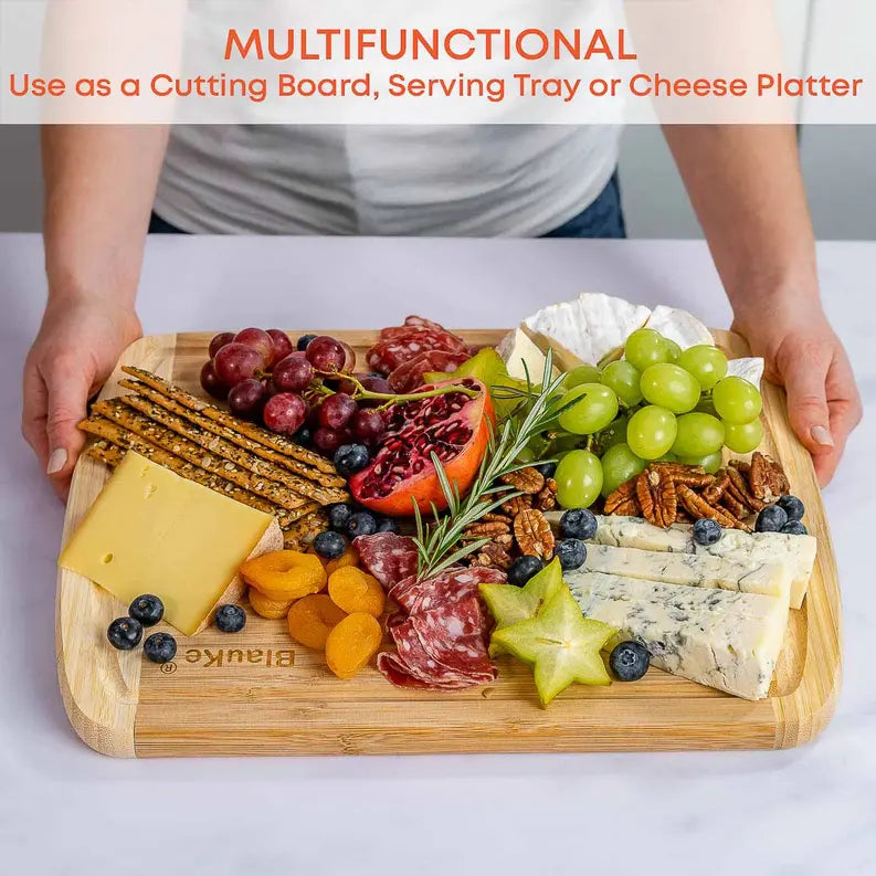 Large Wood Cutting Board for Kitchen 14x11 inch - Bamboo Chopping Board with Juice Groove - Wooden Serving Tray Jarganic