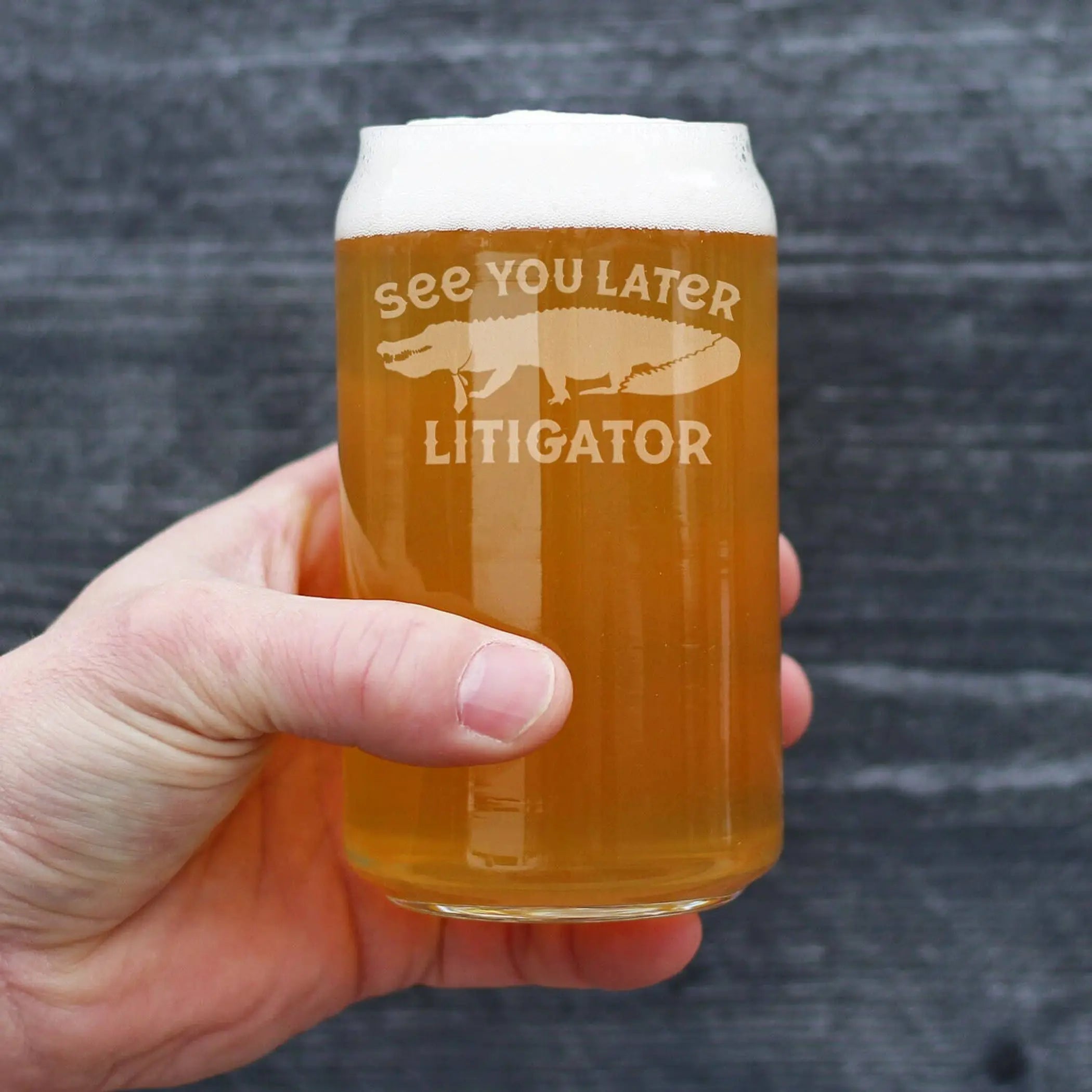 Later Litigator Beer Can Pint Glass - Funny Lawyer Gifts Bevvee