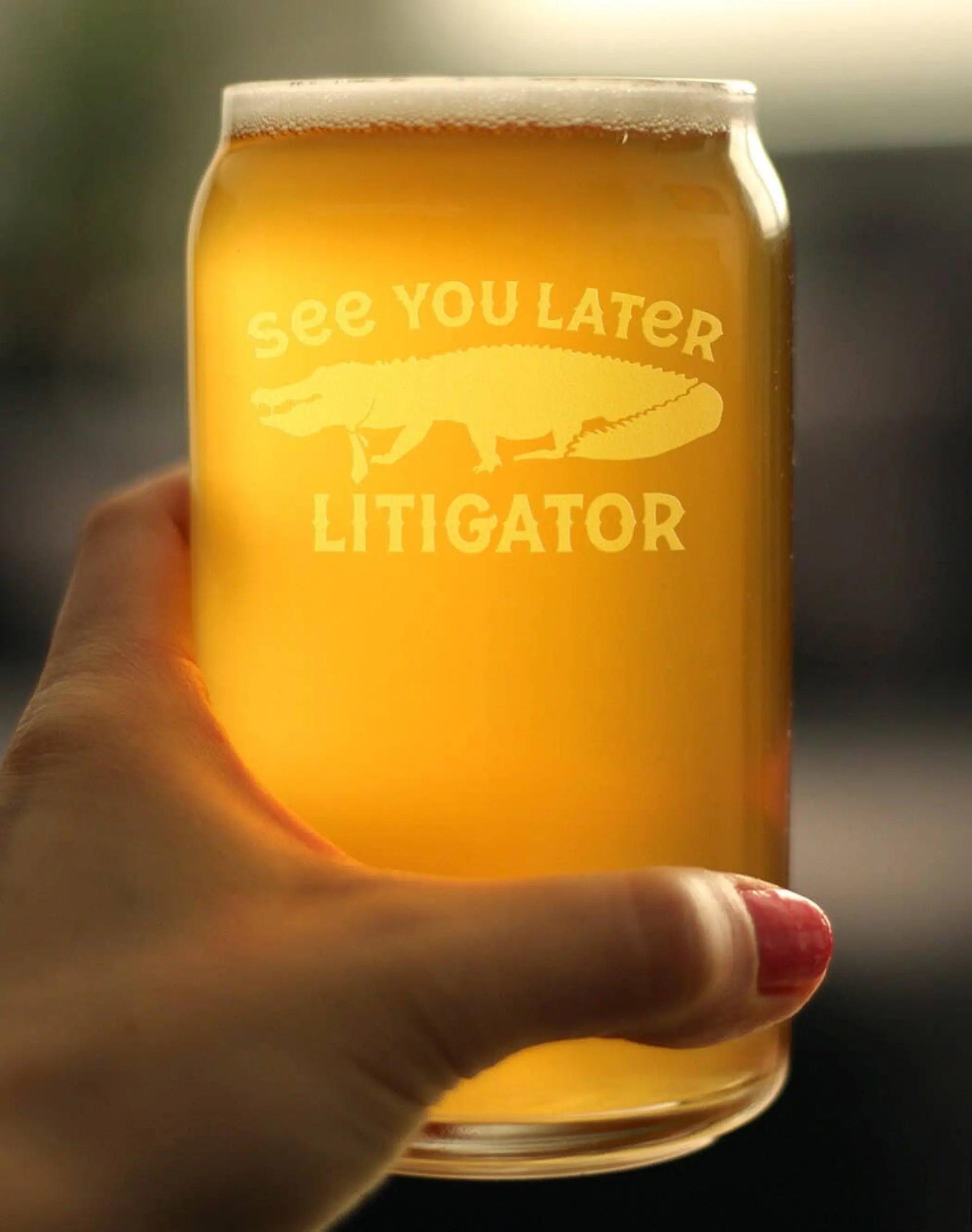 Later Litigator Beer Can Pint Glass - Funny Lawyer Gifts Bevvee