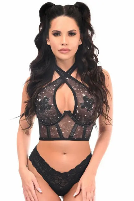 Lavish Celestial Print Mesh Underwire Cincher with Built In Halter Top Daisy Corsets