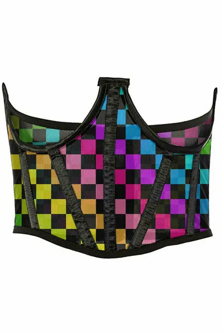 Lavish Checkers Print Mesh Open Cup Waist Cincher Daisy Corsets
