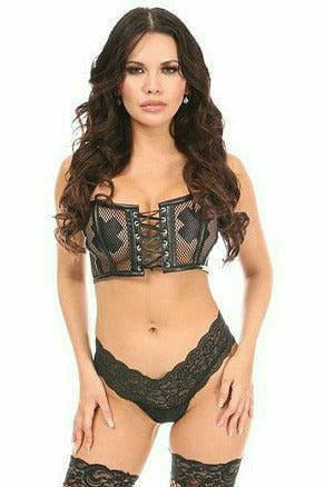 Lavish Fishnet & Faux Leather Lace-Up Short Bustier Top Daisy Corsets