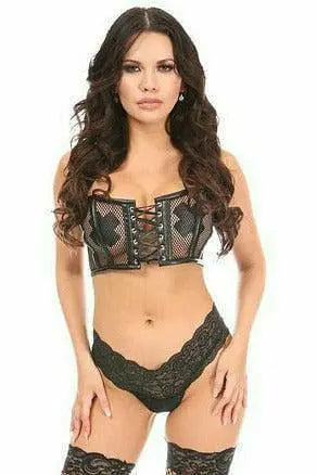 Lavish Fishnet & Faux Leather Lace-Up Short Bustier Top Daisy Corsets
