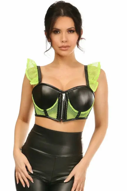 Lavish Fishnet & Faux Leather Underwire Bustier Top with Removable Ruffle Sleeves Daisy Corsets