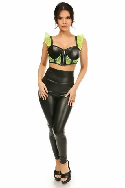 Lavish Fishnet & Faux Leather Underwire Bustier Top with Removable Ruffle Sleeves Daisy Corsets