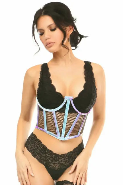 Lavish Holo & Fishnet Underwire Waist Cincher Corset Daisy Corsets