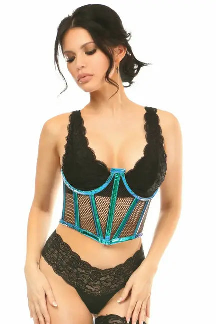 Lavish Holo & Fishnet Underwire Waist Cincher Corset Daisy Corsets