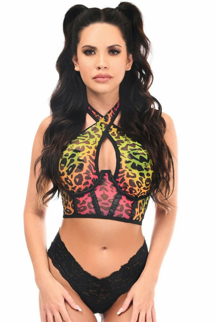 Lavish Leopard Mesh Underwire Cincher with Built In Halter Top Daisy Corsets