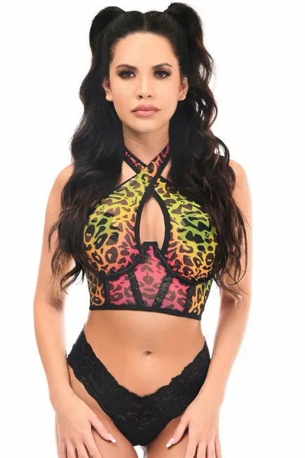 Lavish Leopard Mesh Underwire Cincher with Built In Halter Top Daisy Corsets