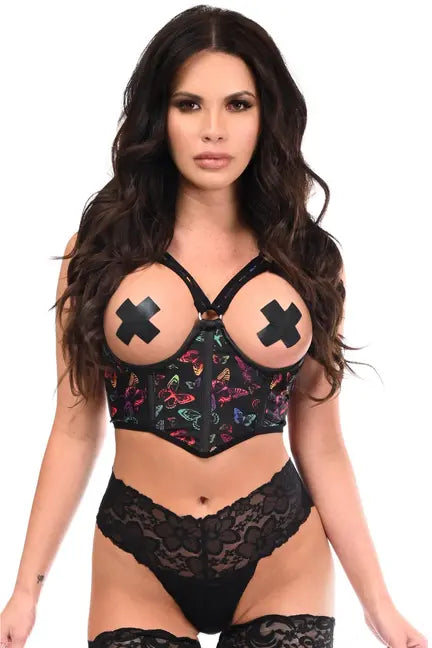 Lavish Neon Butterfly Underwire Open Cup Lycra Cincher with Criss Cross Back Daisy Corsets