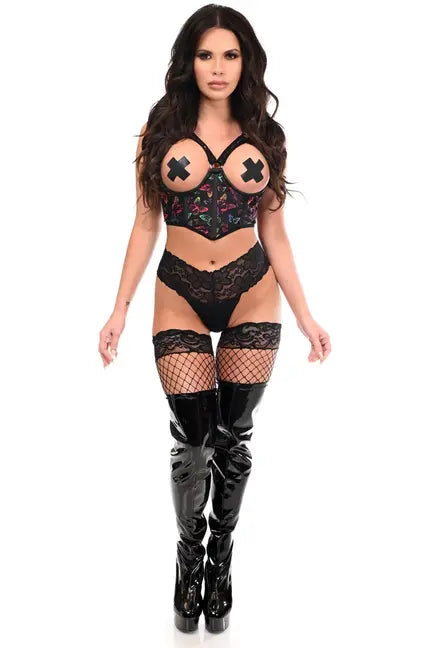 Lavish Neon Butterfly Underwire Open Cup Lycra Cincher with Criss Cross Back Daisy Corsets