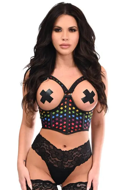 Lavish Rainbow Stars Underwire Open Cup Mesh Cincher with Criss Cross Back Daisy Corsets