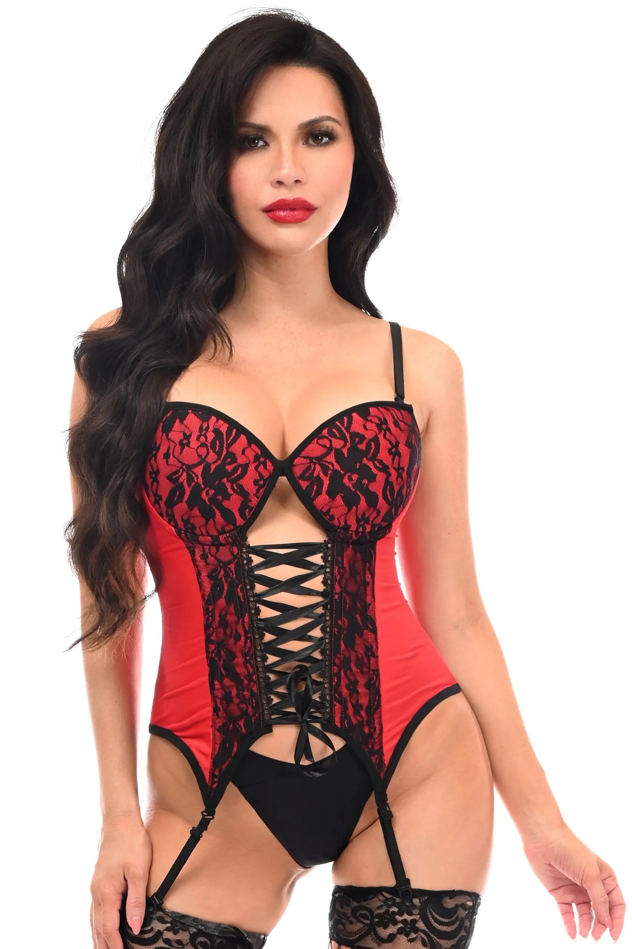Lavish Red/Black Lycra & Lace Hook & Eye Lace-Up Bustier Corset w/Garters Daisy Corsets