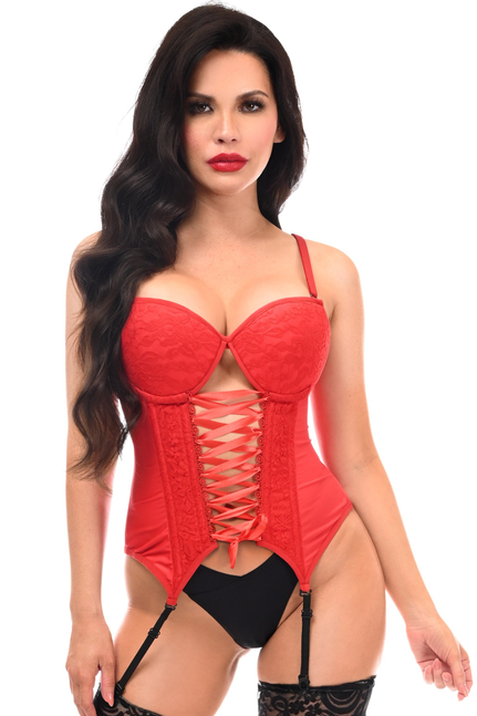 Lavish Red Lycra & Lace Hook & Eye Lace-Up Bustier Corset w/Garters Daisy Corsets