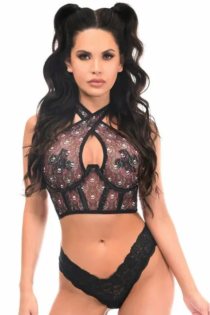 Lavish Skull Mesh Underwire Cincher with Built In Halter Top Daisy Corsets