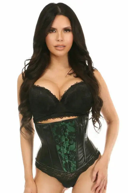 Lavish Wet Look Under Bust Corset Green with Lace Overlay Daisy Corsets