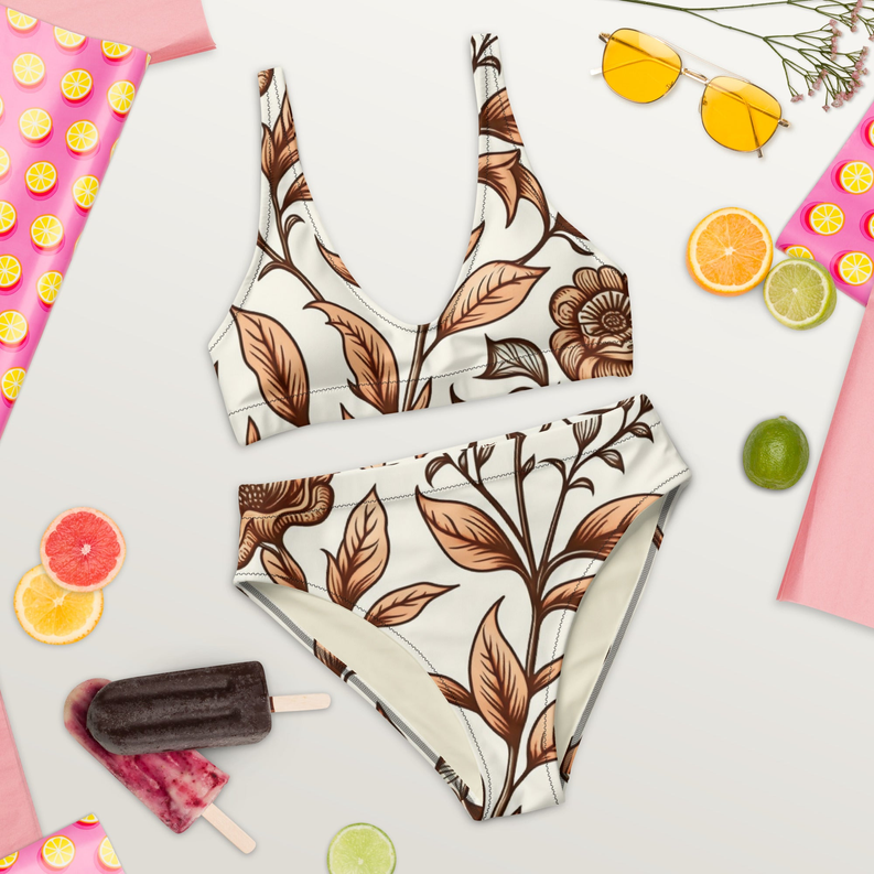 Leaf Brown Cream Vintage Floral High-Waisted Two Piece Swimwear for Women Adirelounge
