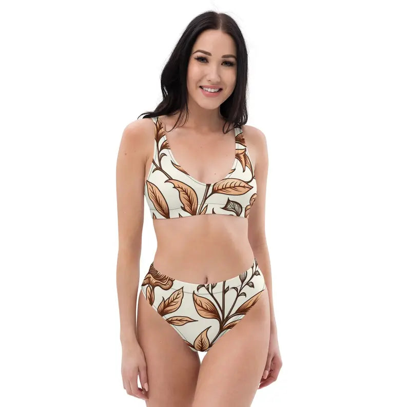 Leaf Brown Cream Vintage Floral High-Waisted Two Piece Swimwear for Women Adirelounge