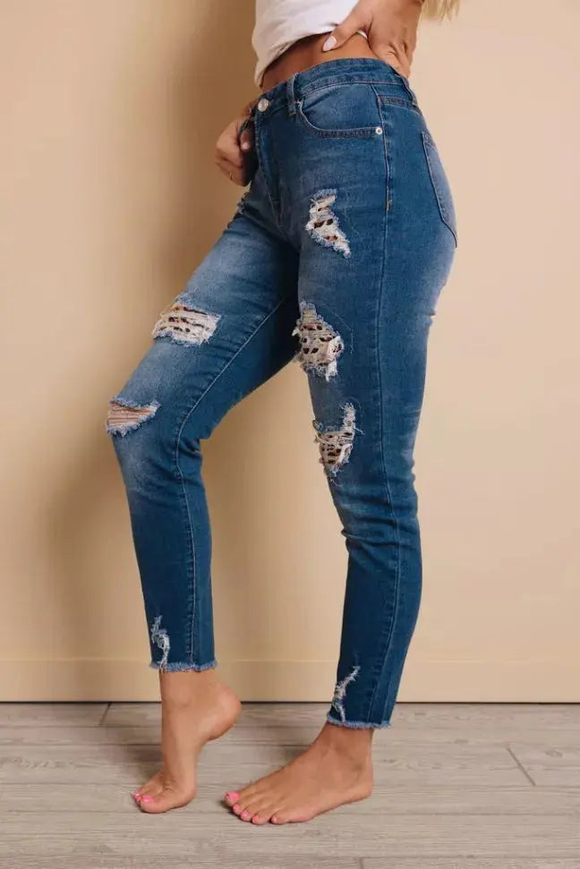 Leah Distressed Leopard Jeans Stay Warm in Style