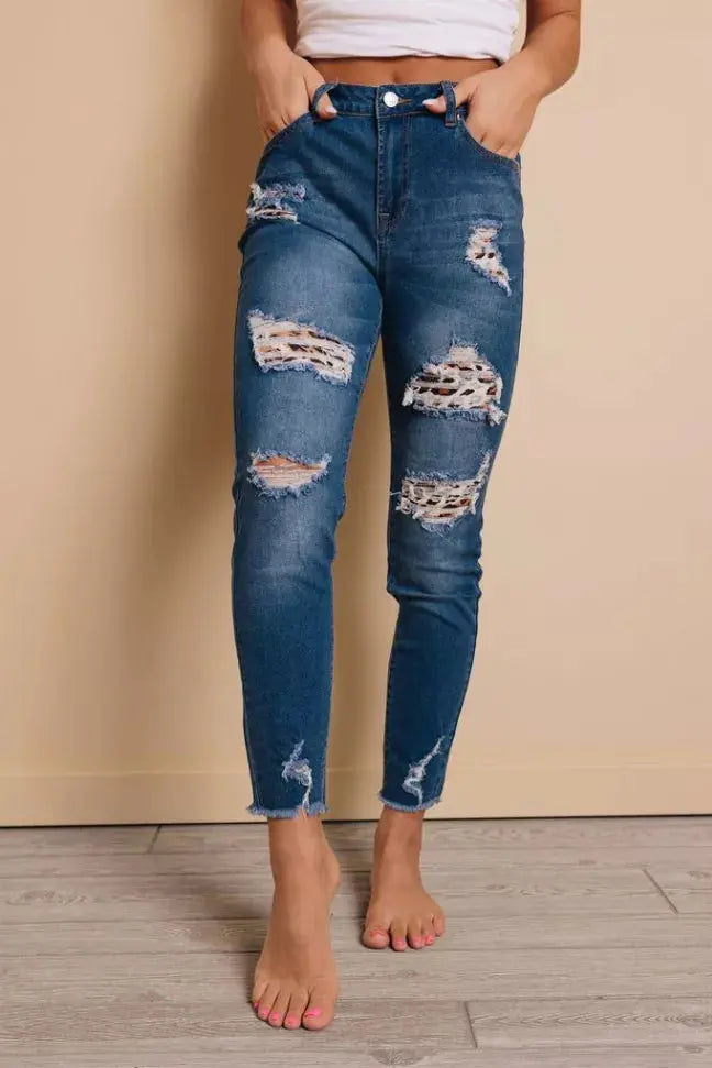 Leah Distressed Leopard Jeans Stay Warm in Style