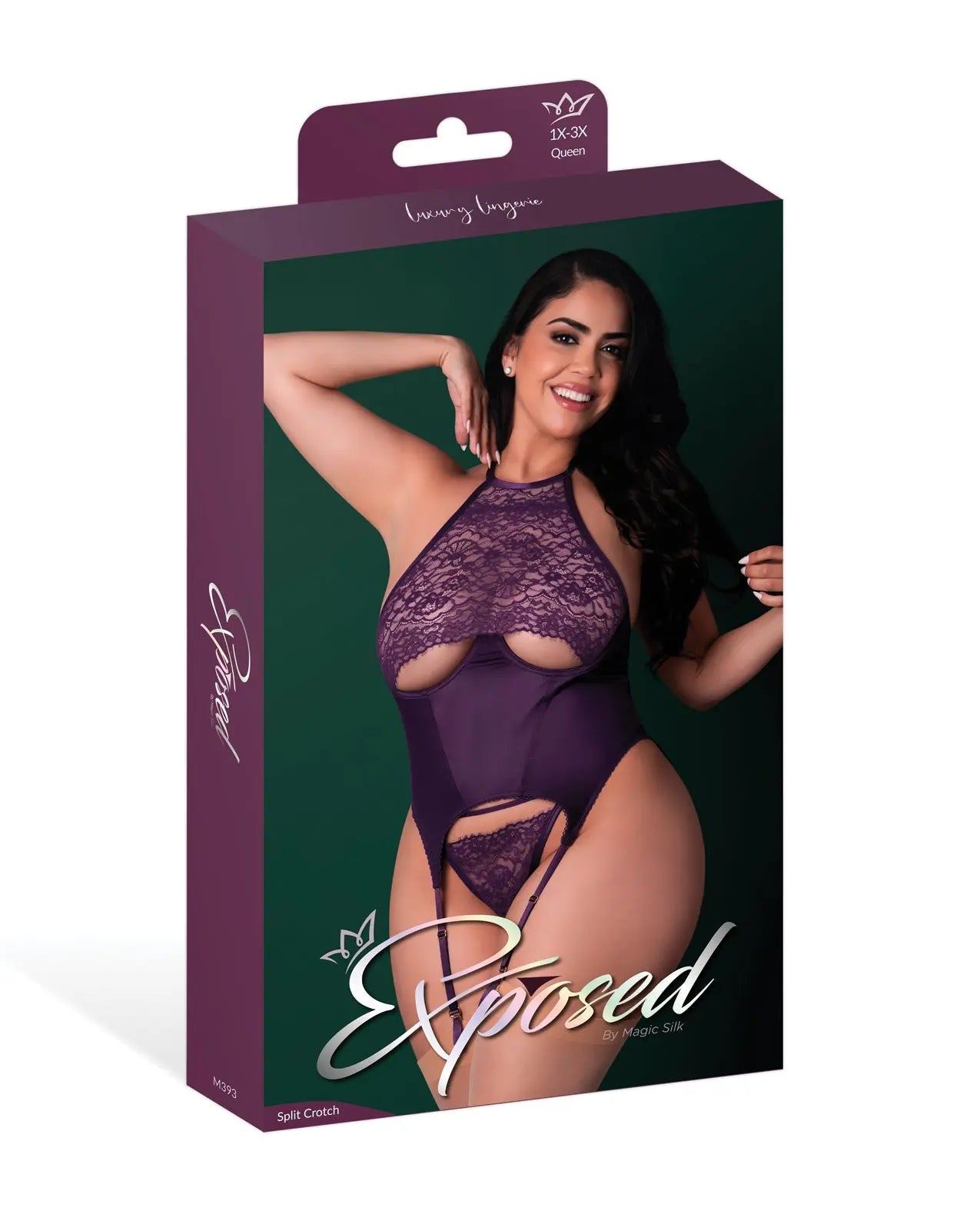 Leather & Lace Stretch Mesh and Lace Underboob Cutout Corset & Panty 2 pc Set - Plum 2X Magic Moments Int'l