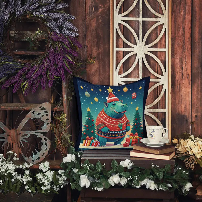 Colorful bear-themed Christmas decorative pillow featuring vibrant blues and reds, perfect for holiday decor.