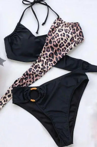 Leopard Colorblock Adjustable Spaghetti Bikini Stay Warm in Style