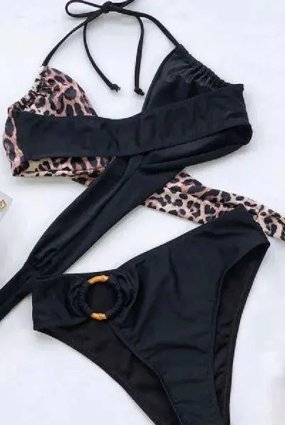 Leopard Colorblock Adjustable Spaghetti Bikini Stay Warm in Style