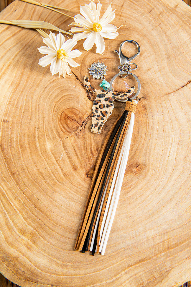 Leopard Print Steer Head Sunflower Tassel Keychain Blushing Owl Co