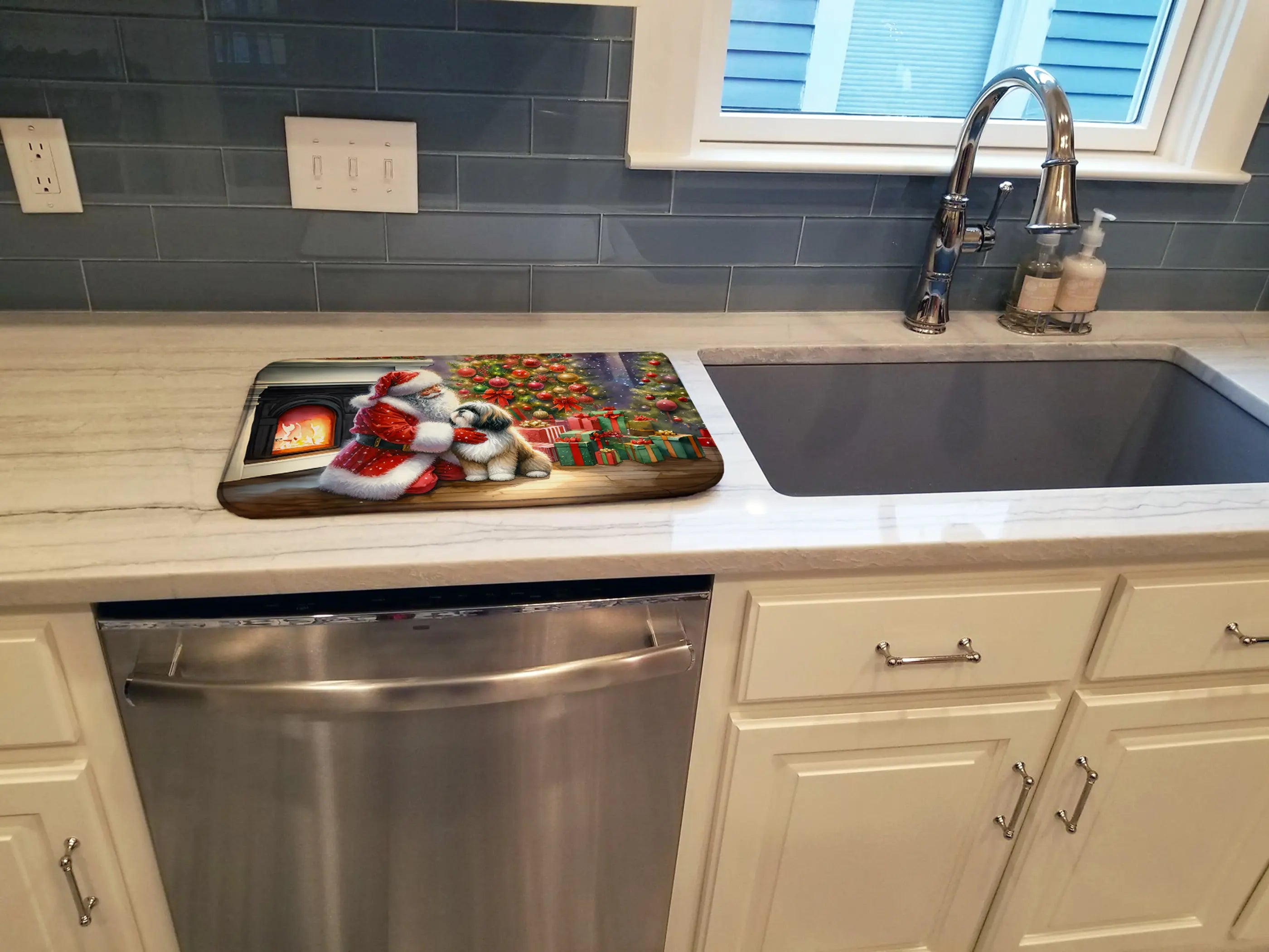 Lhasa Apso and Santa Claus Dish Drying Mat Caroline's Treasures