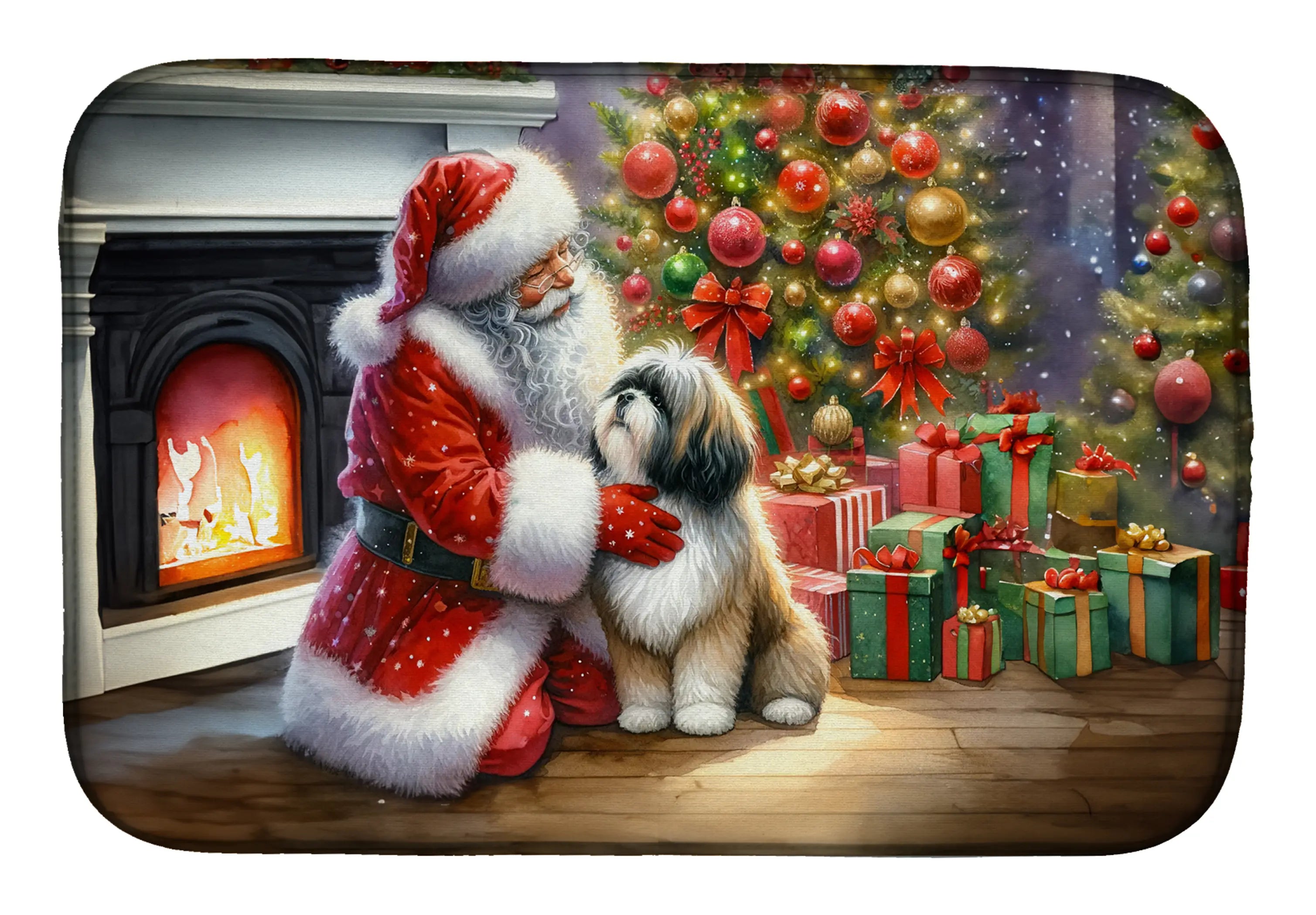Lhasa Apso and Santa Claus Dish Drying Mat Caroline's Treasures