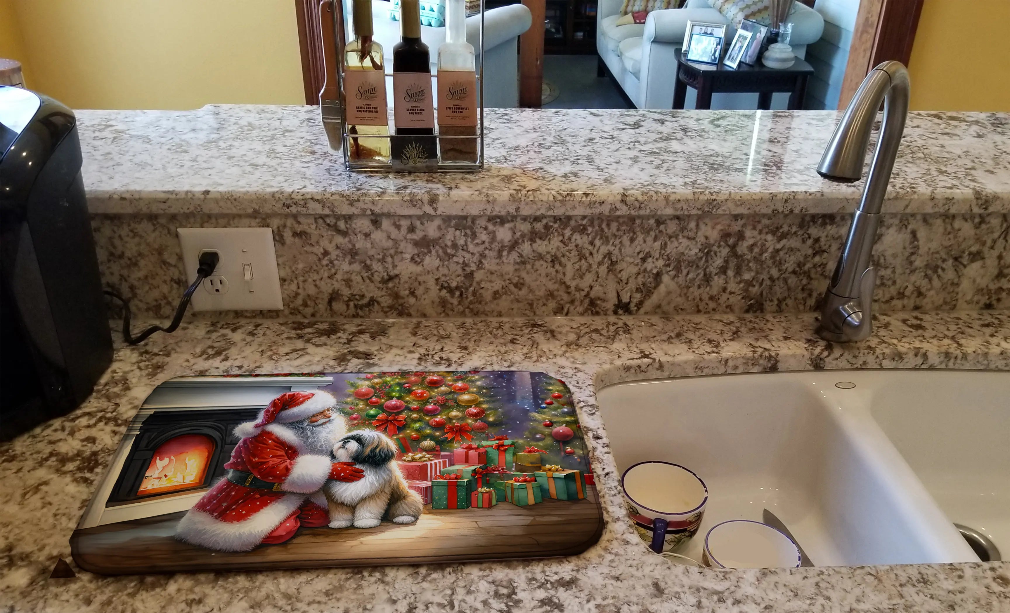 Lhasa Apso and Santa Claus Dish Drying Mat Caroline's Treasures