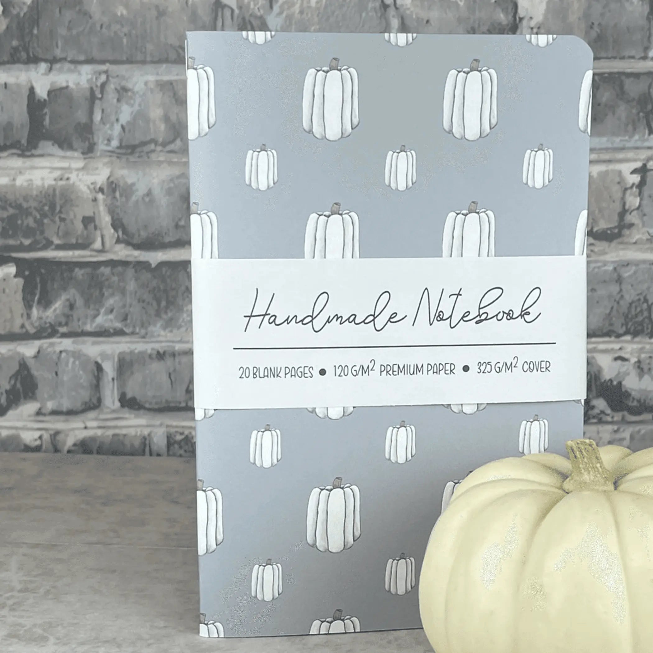 Light Blue White Pumpkins Pattern - A5 ish sizeHandmade Saddle Bound Notebook Art by Erica H