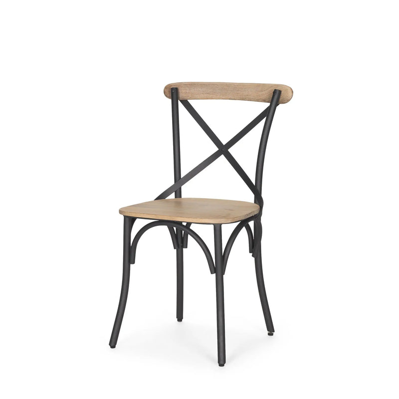 Light Brown and Black Solid Wood And Iron Cross Back Dining Side Chair Homeroots Kitchen & Dining