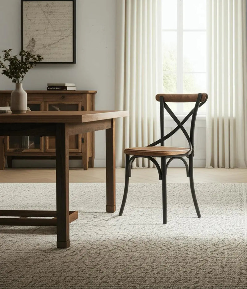 Light Brown and Black Solid Wood And Iron Cross Back Dining Side Chair Homeroots Kitchen & Dining