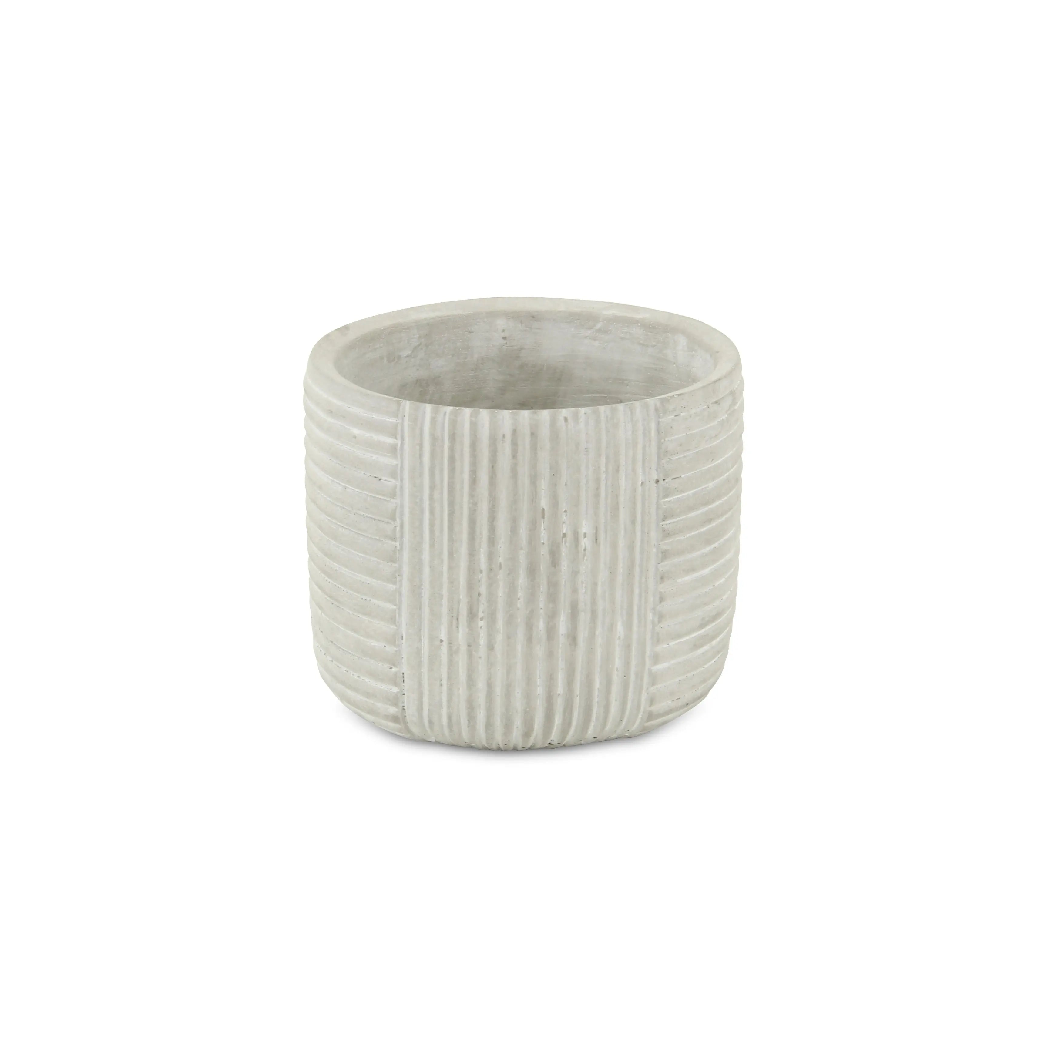 Light Gray Cement 39 Ounce Striped Round Distressed Pot Planter GreatEagleInc