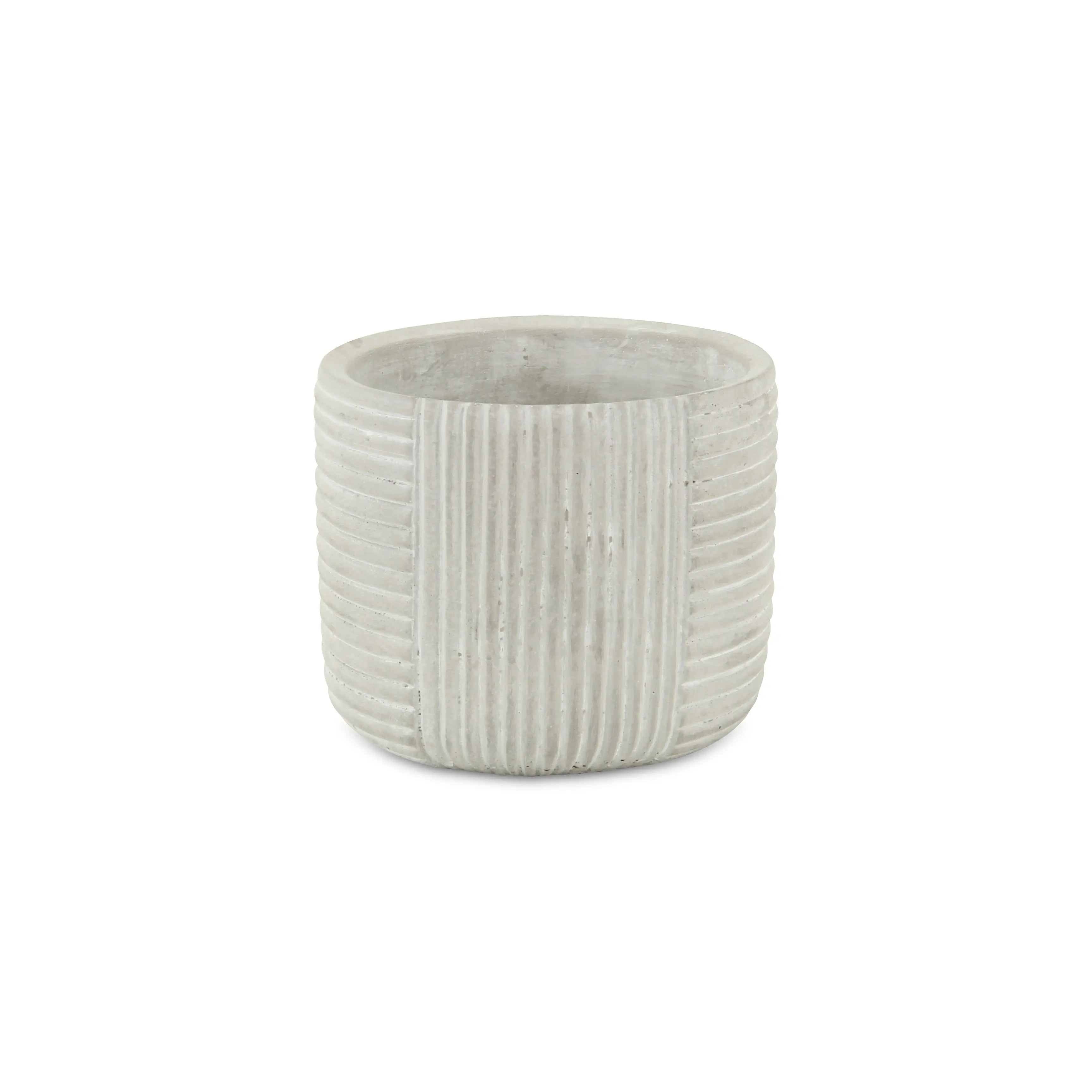 Light Gray Cement 39 Ounce Striped Round Distressed Pot Planter GreatEagleInc