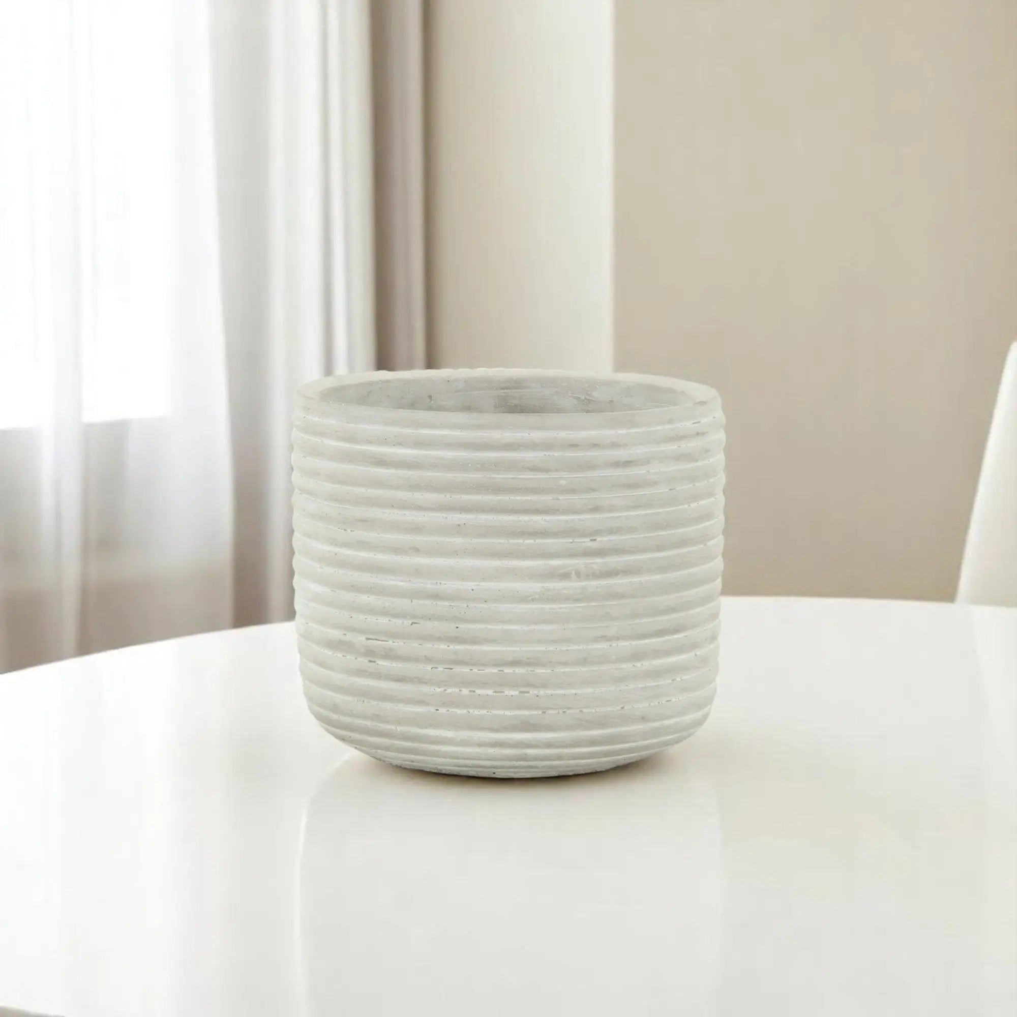Light Gray Cement 39 Ounce Striped Round Distressed Pot Planter GreatEagleInc