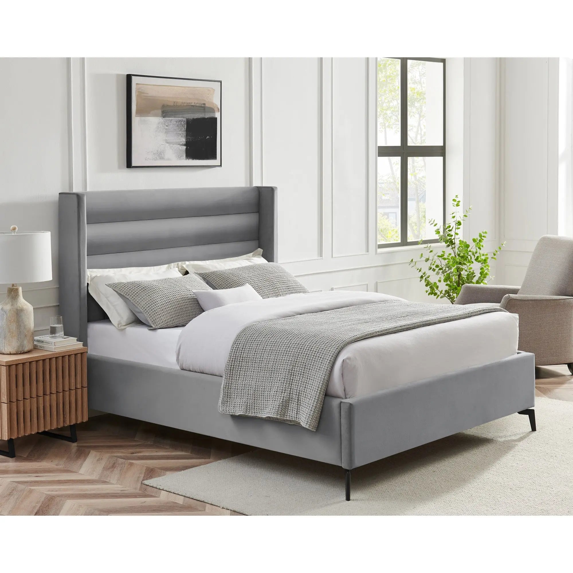 Light Gray Velvet Upholstered King Bed Frame Homeroots Bed & Bath
