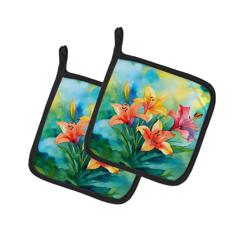 Lilies in Watercolor Pair of Pot Holders Caroline's Treasures