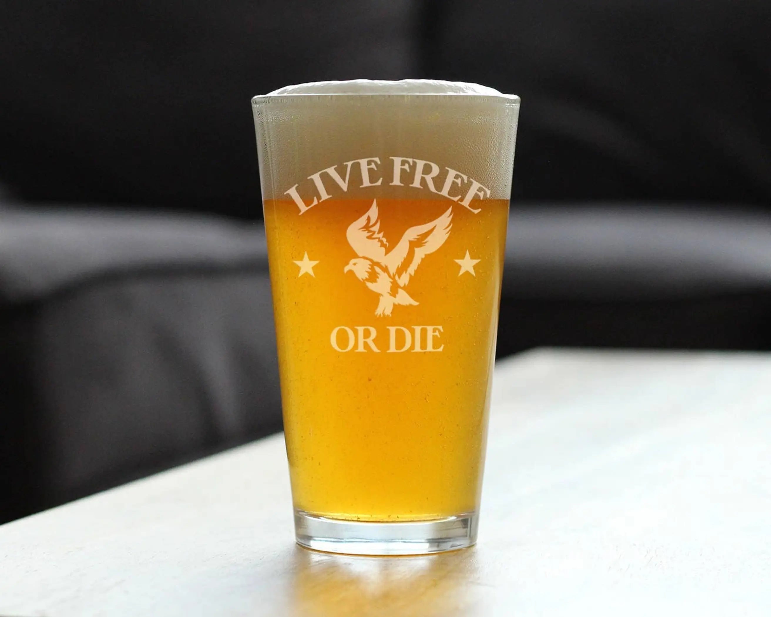 Live Free or Die Pint Glass for Beer - Patriotic Gifts Bevvee