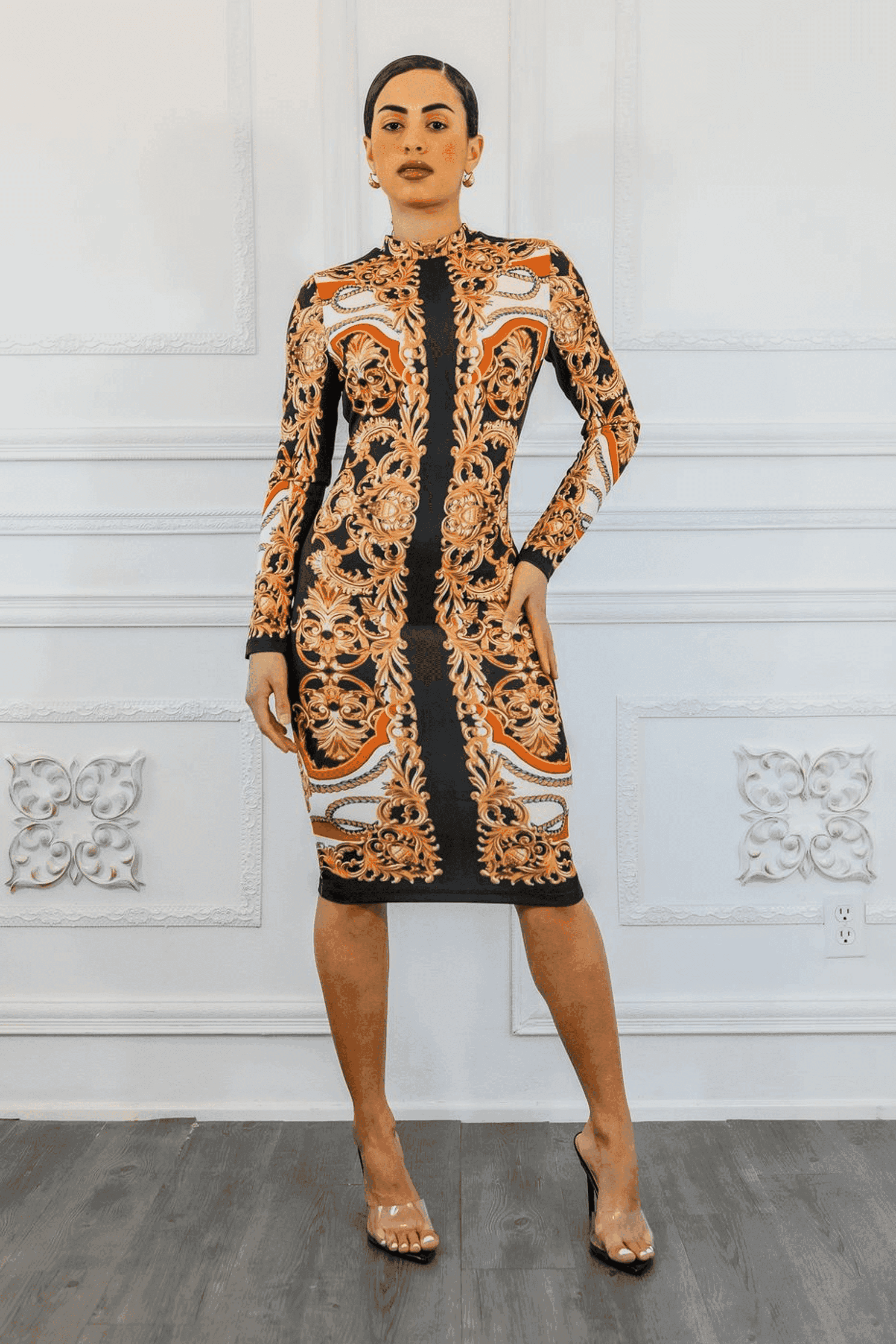 Lola Mock Neck Baroque PRINT Midi Dress SurelyMine