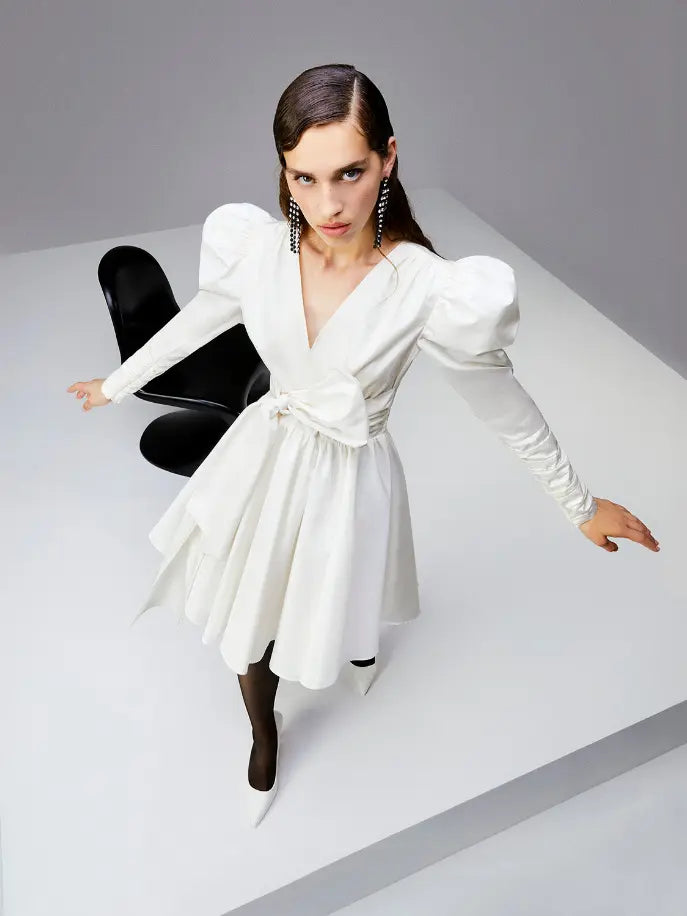 Long Puff Sleeves Belted Mini Dress Monique Store